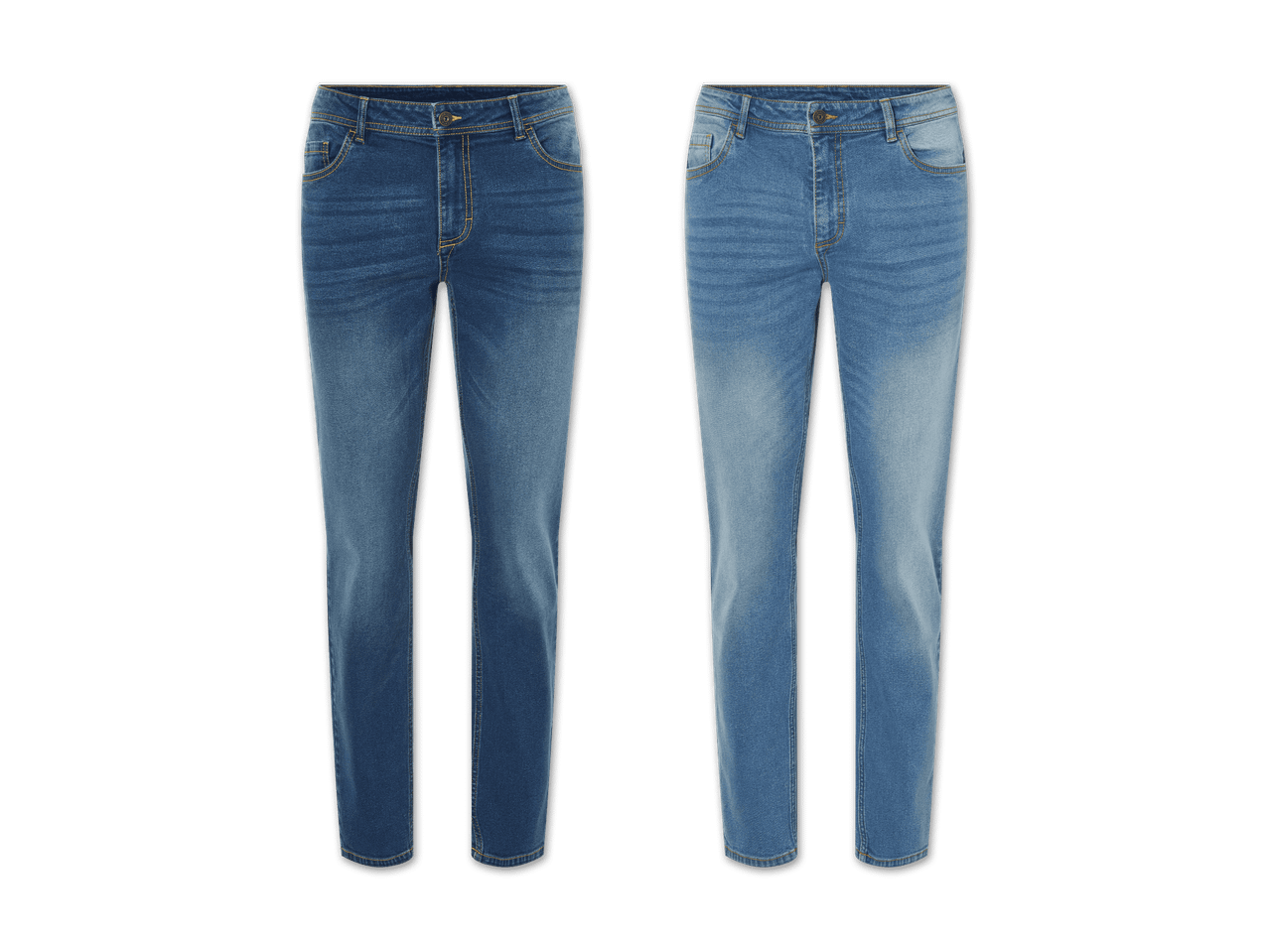 Zwei Jeanshosen, eine dunklere und eine hellere Waschung, werden auf schwarzem Hintergrund präsentiert.