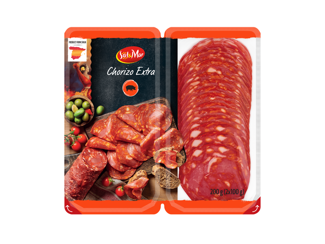 Опаковка с нарязано чоризо, маслини, домати и хляб, с надпис „Chorizo Extra“.