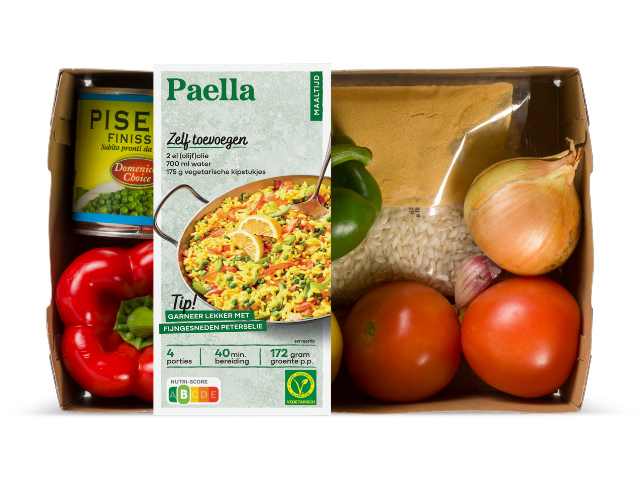 Paella verspakket met ingrediënten zoals rijst, groenten en kruiden, met receptkaart.