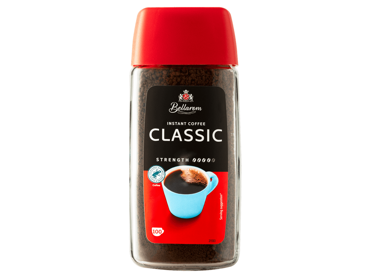 Klasszikus instant kávé üveges kiszerelésben, piros kupakkal.