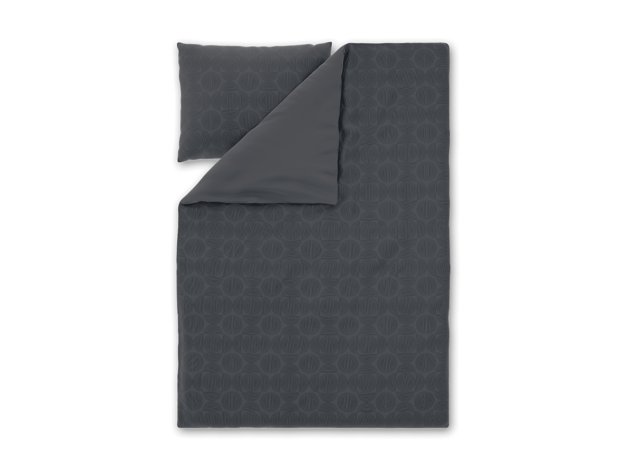 Dunkelgraue Bettwäsche mit geometrischem Muster und passendem Kissen