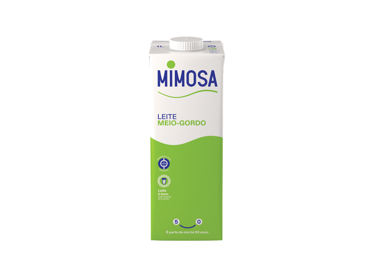 Pacote de leite Mimosa meio-gordo, 1L, com texto 'Leite é bom' e '50 anos'.