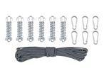Set of metal springs, carabiners, and a coiled grey rope for outdoor use.