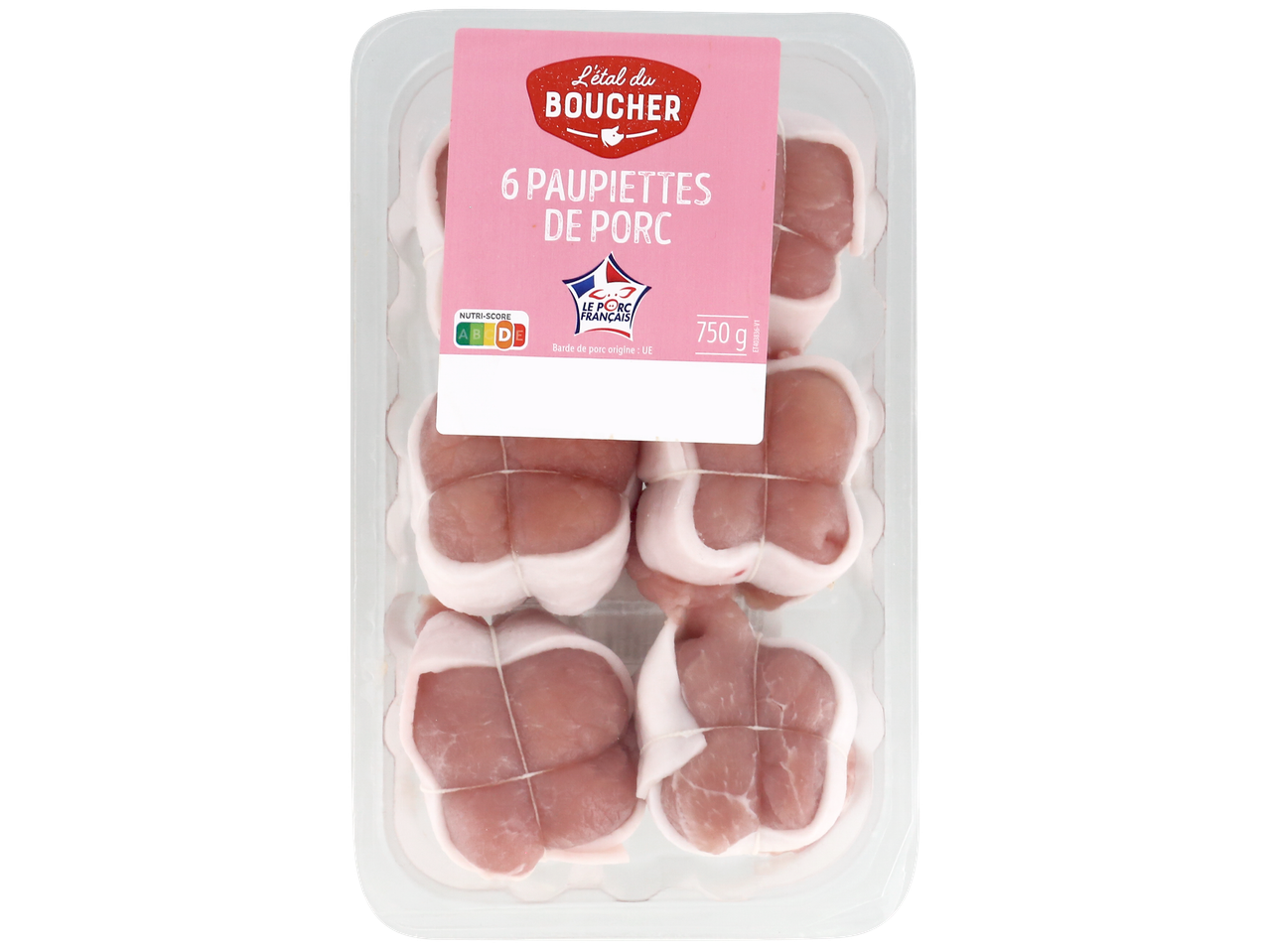 Barquette de 6 paupiettes de porc, avec Nutri-Score D et indication d'origine UE.