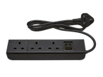 A black 4-gang UK mains power extension lead with a switched outlet.