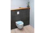 A modern toilet with a striped seat, dark gray tiles, and a wooden shelf.
