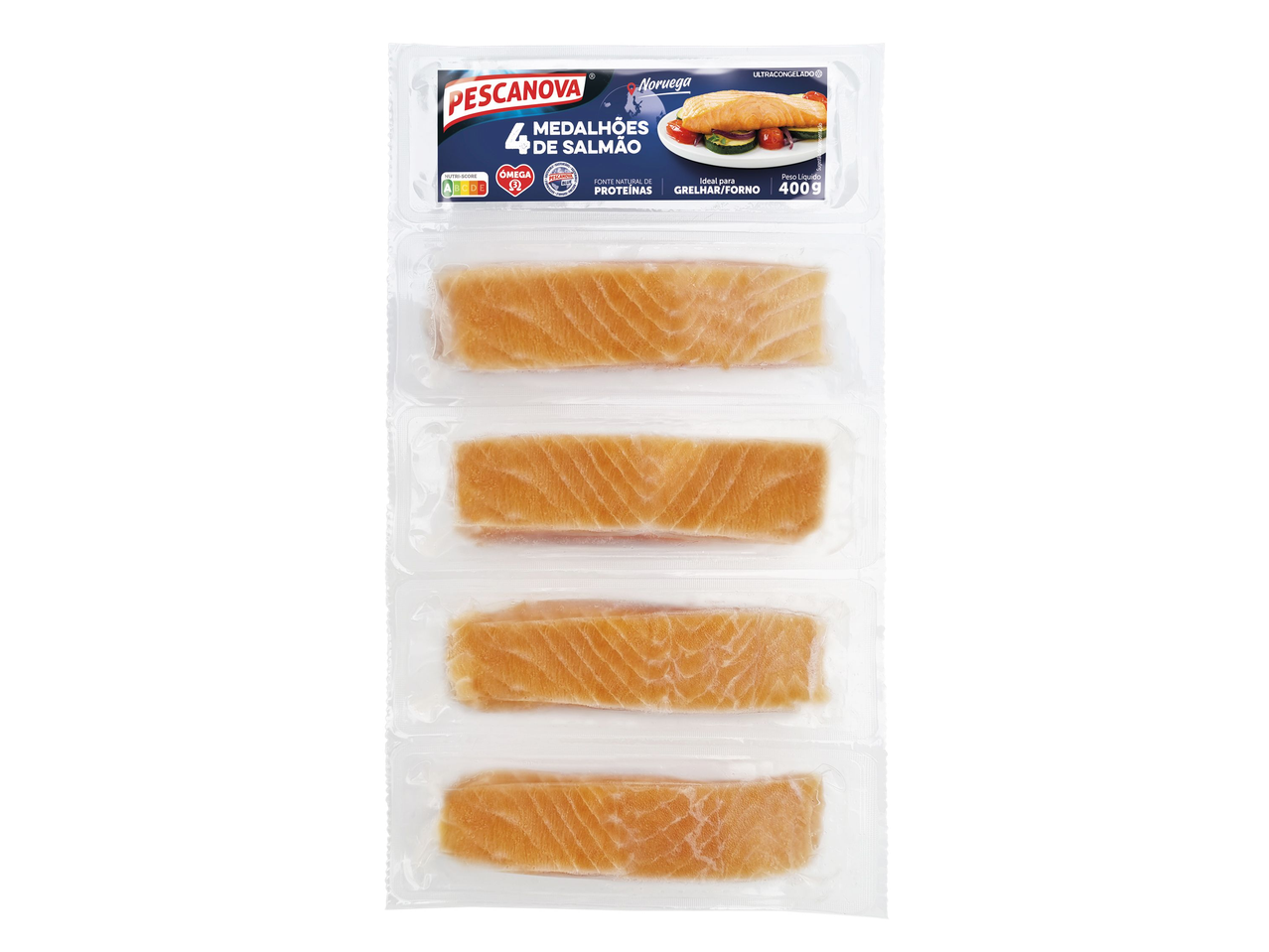 Embalagem de medalhões de salmão ultracongelados, 4 unidades, 400g.