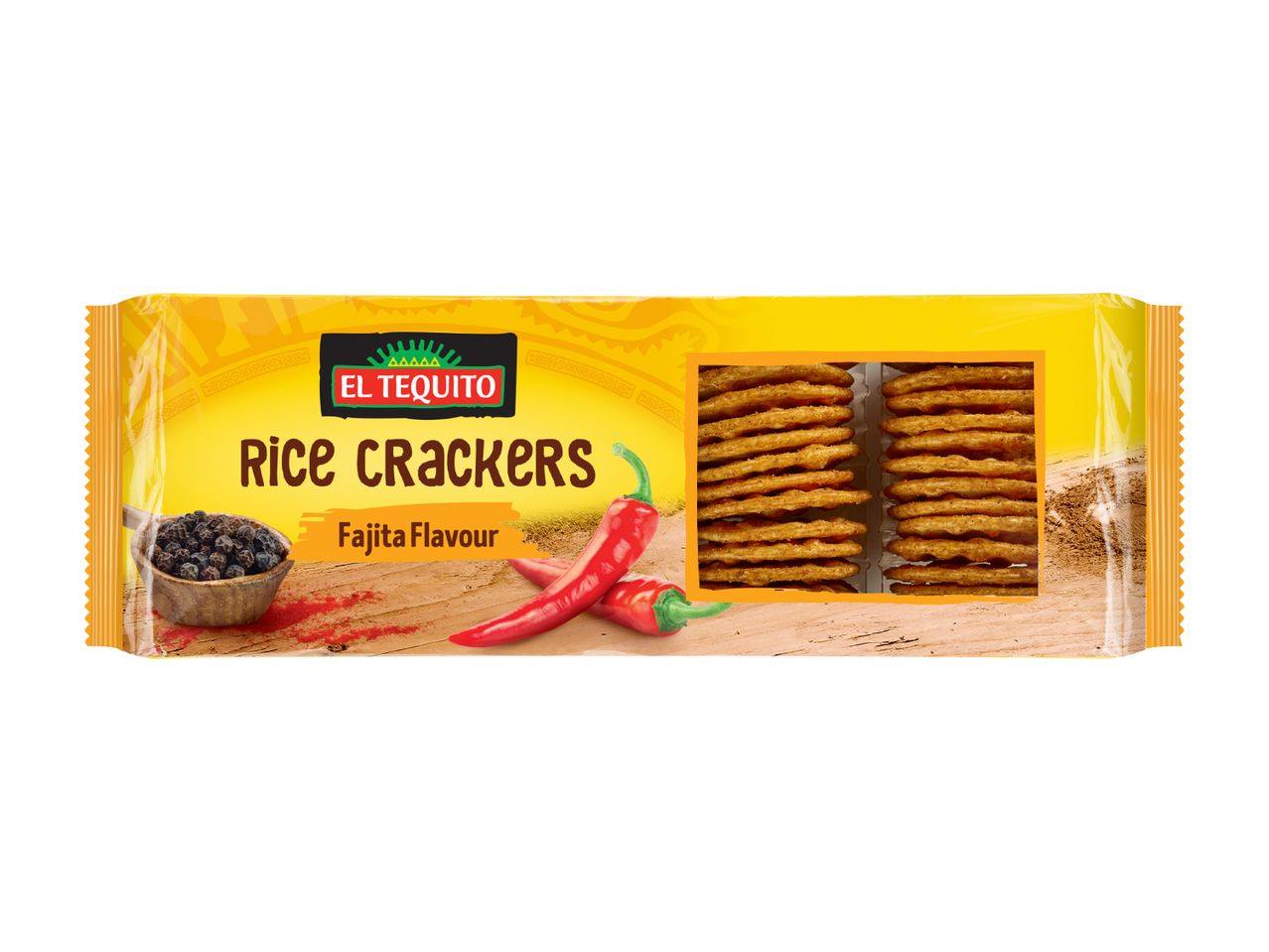 Fajita flavour rice crackers in a yellow package with red chili peppers and black peppercorns.