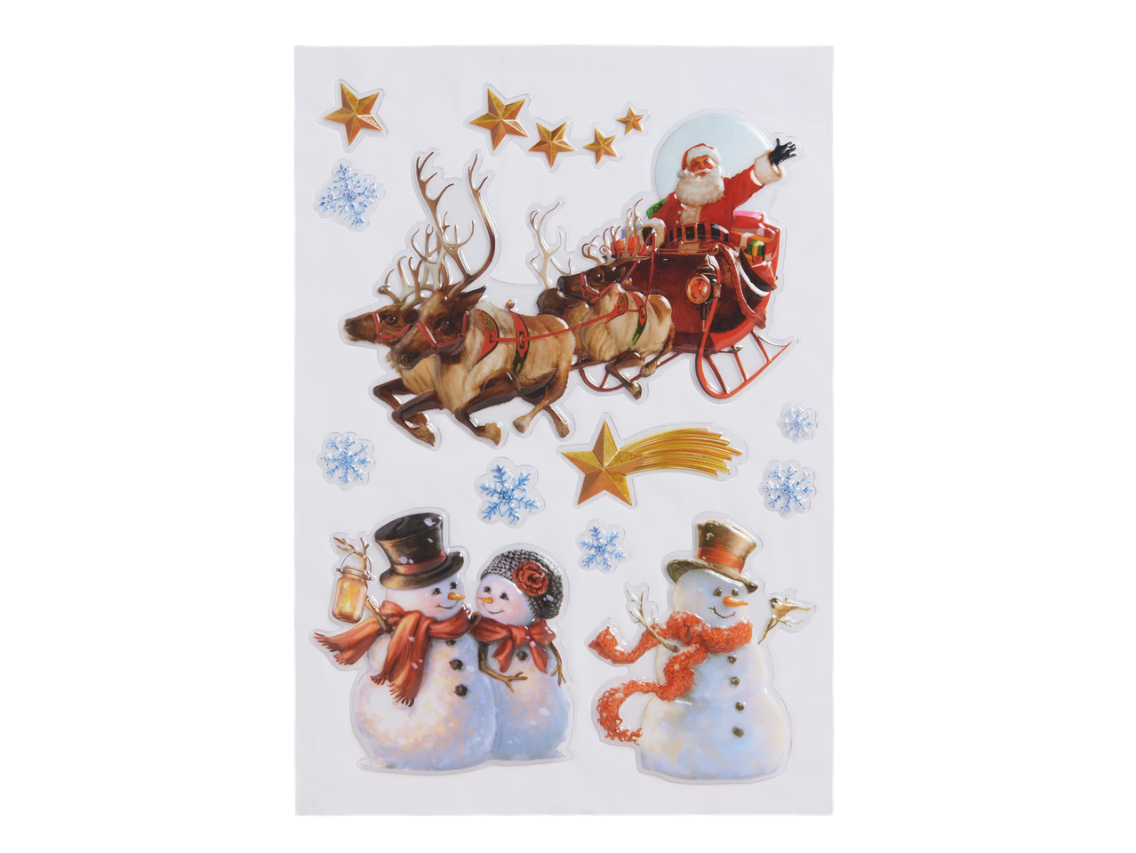 3D kalėdiniai lipdukai su Kalėdų Seneliu, elniais, sniego seniais, žvaigždėmis ir snaigėmis.