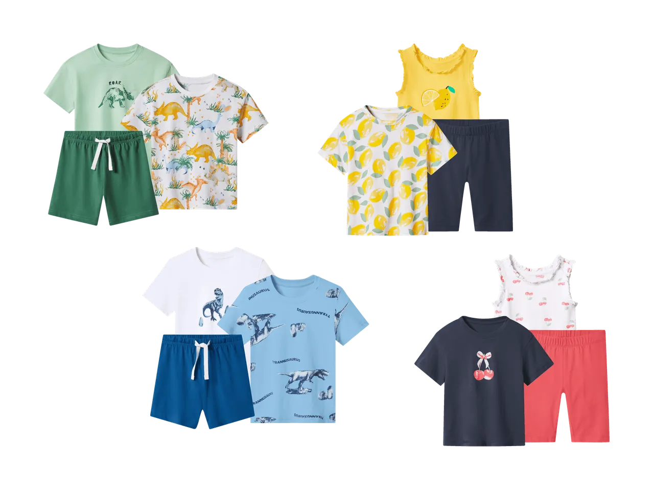 Kinderkleidungssets mit Dinosaurier-, Zitronen- und Kirschmotiven.
