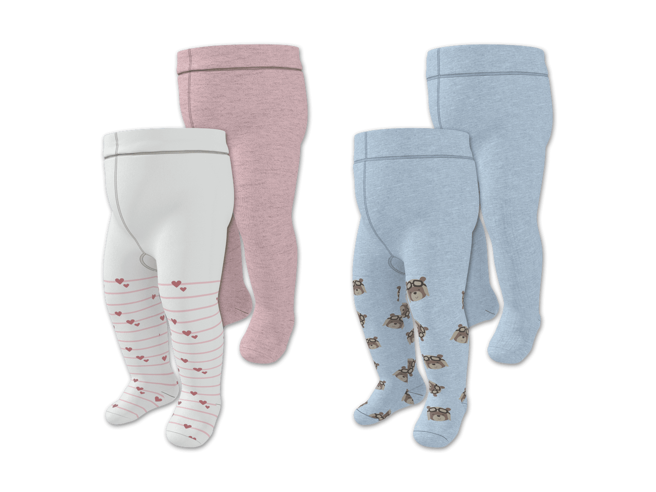 Vier Baby-Strumpfhosen: zwei rosa, eine weiße mit Herzen und eine hellblaue mit Bären.