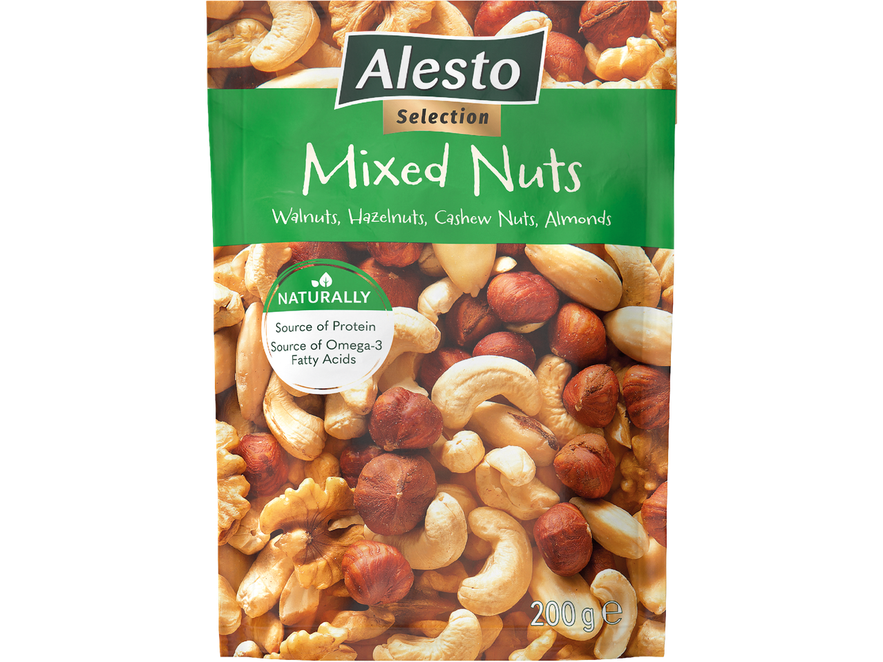 Påse med blandade nötter (valnötter, hasselnötter, cashewnötter, mandlar), 200g.