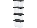 Vier stapelbare Silvercrest voedselbewaarbakjes met zwarte deksels.