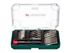 Screwdriver bit set with various bits, including hex, torx, and Phillips, in a clear case.