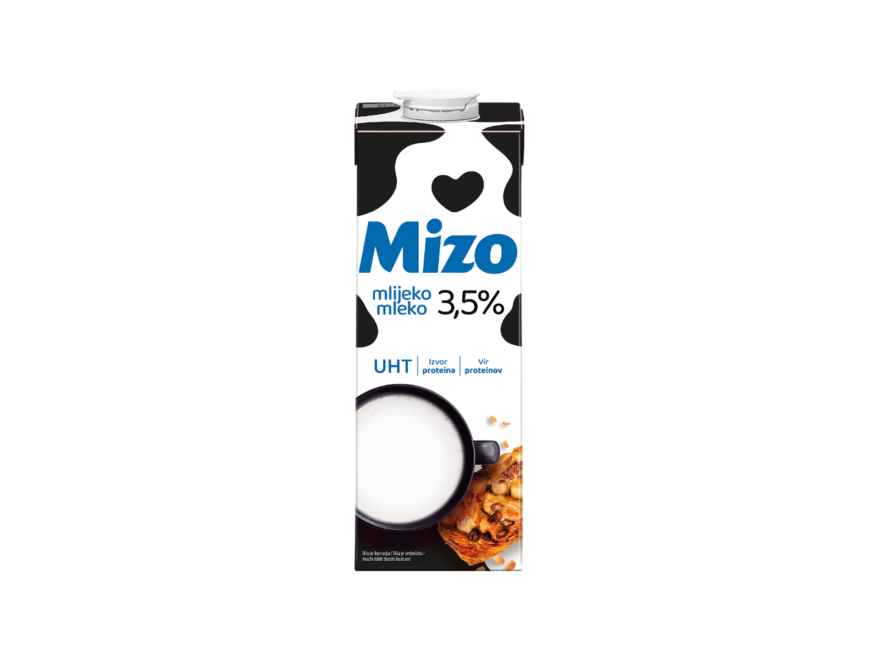 Mizo mlijeko 3,5% UHT, izvor proteina, s ilustracijom šalice mlijeka i peciva.