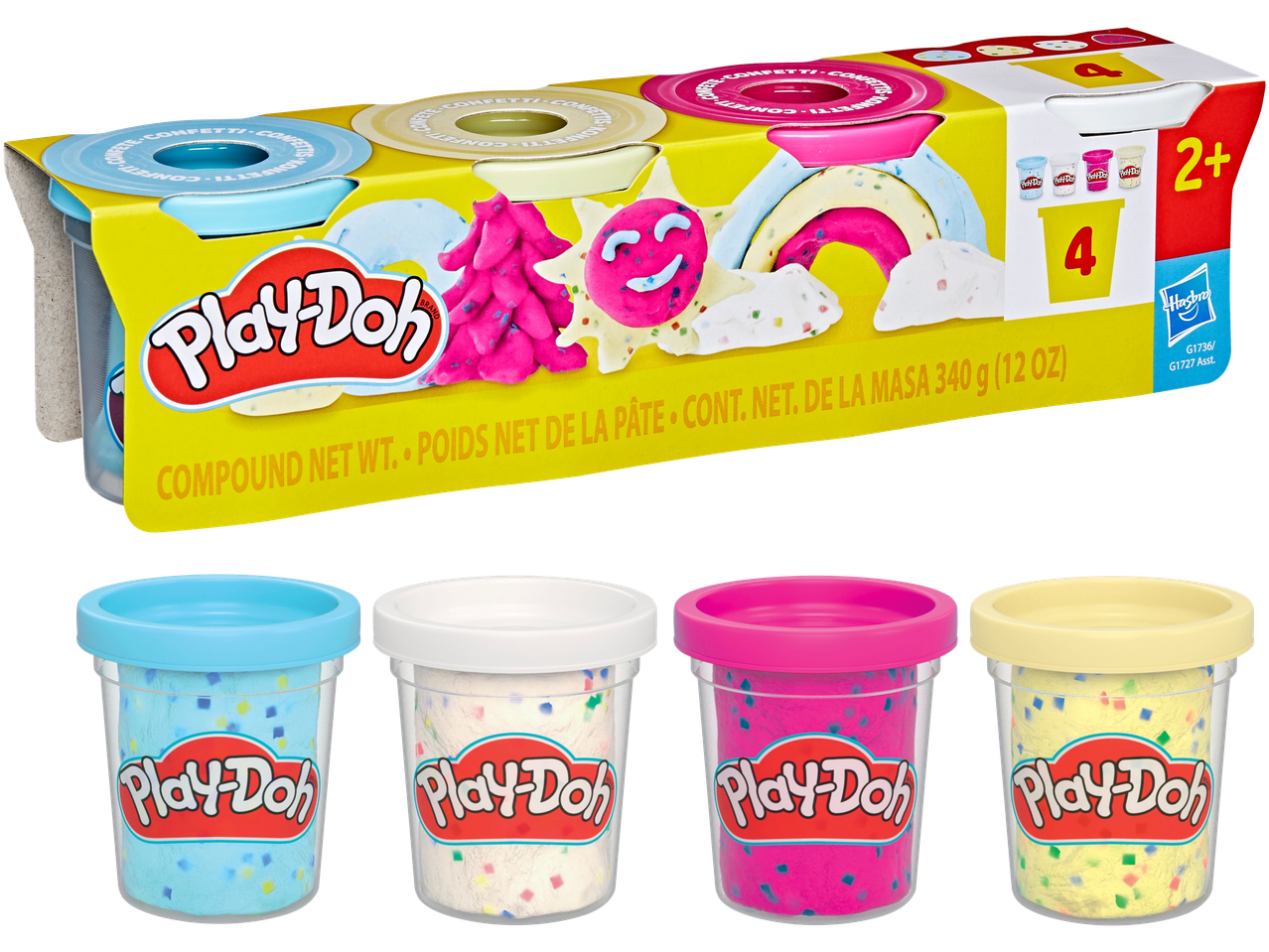 Play-Doh Confetti Compound 4-pack met blauwe, witte, roze en gele potjes.