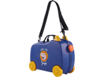 Blue kids' ride-on suitcase with yellow wheels and a Peppa Pig 'King of the Jungle' design.