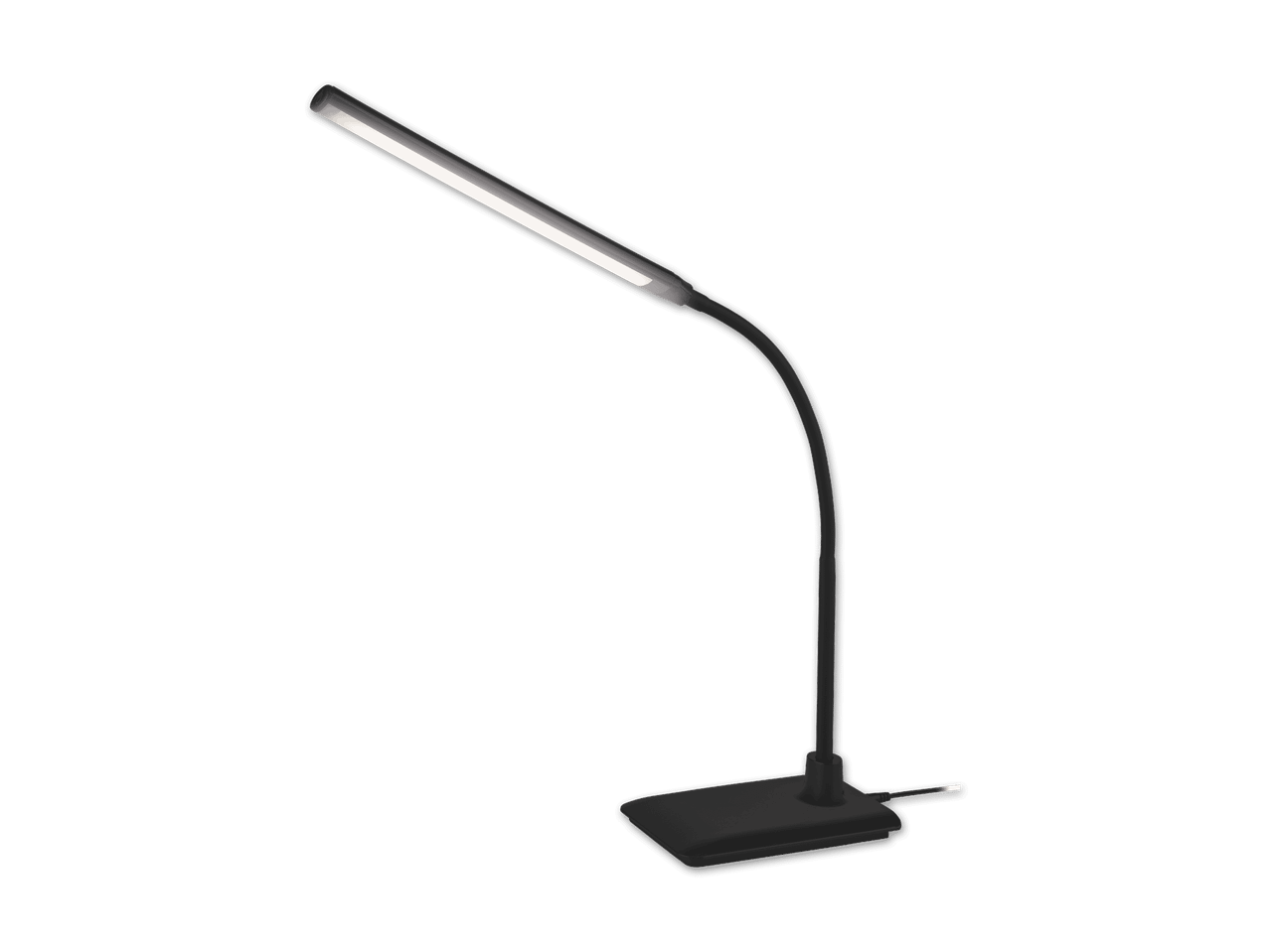 Eine moderne, schwarze LED-Schreibtischlampe mit flexiblem Arm.