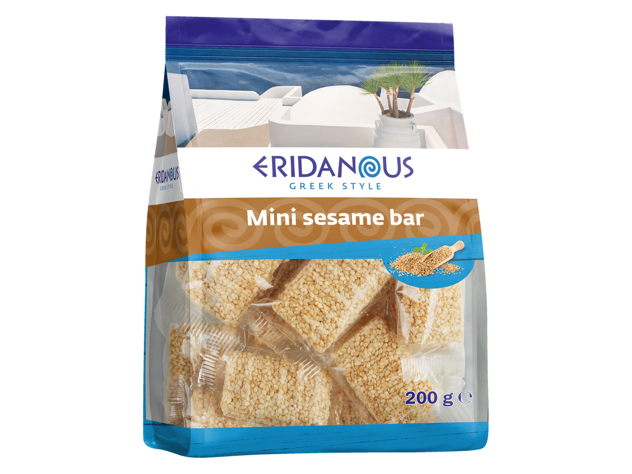 Eridanus mini sezamo batonėliai: Graikiško stiliaus sezamo batonėliai pakuotėje.