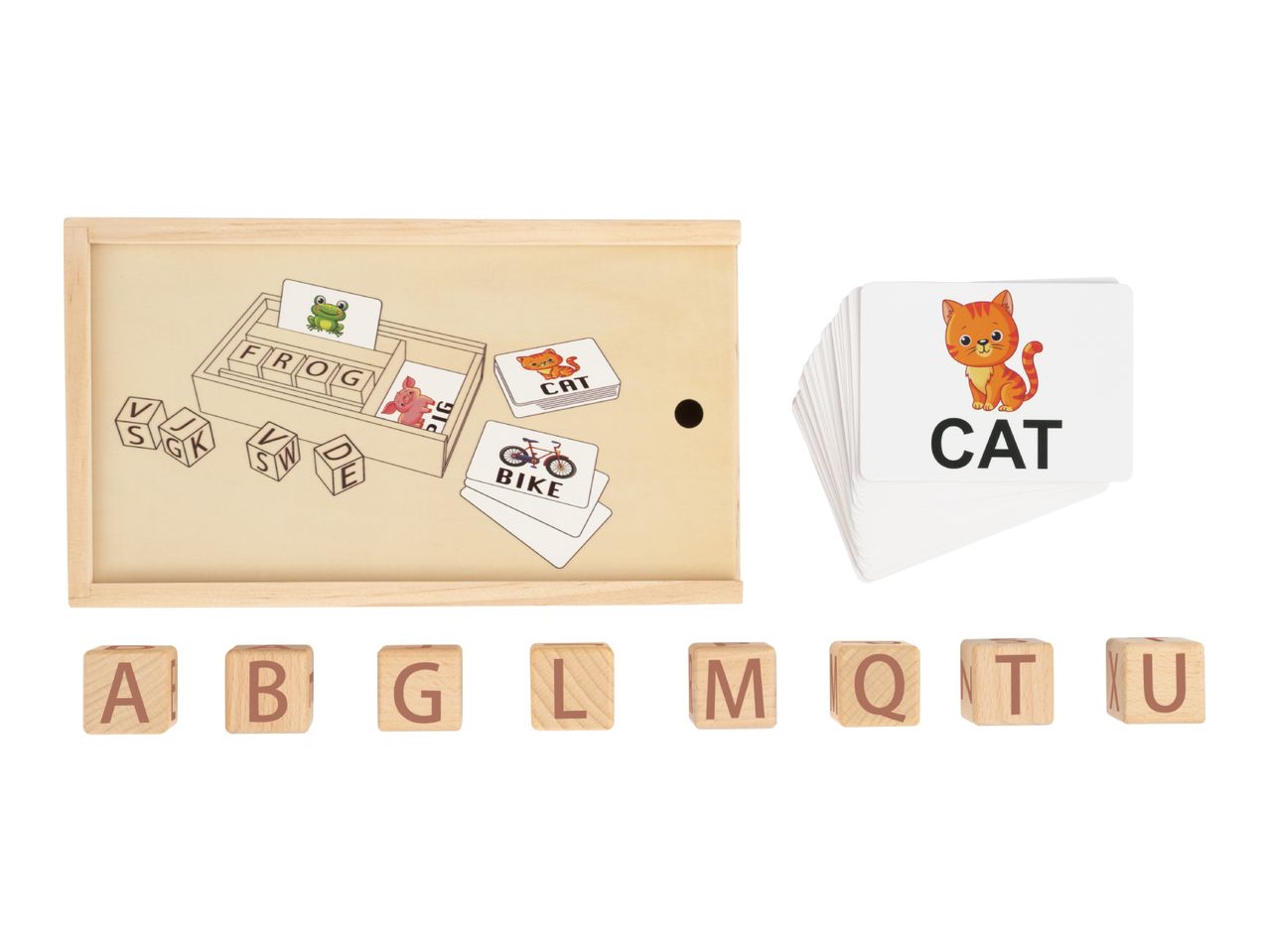 Wooden spelling game with letter blocks and picture cards for words like FROG, CAT, BIKE.