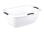 White laundry basket with black handles, featuring a perforated design.