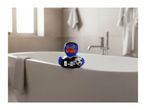 A blue rubber duck wearing a black shirt with 'FIFA World Cup' text, holding a soccer ball, sitting on the edge of a bathtub.