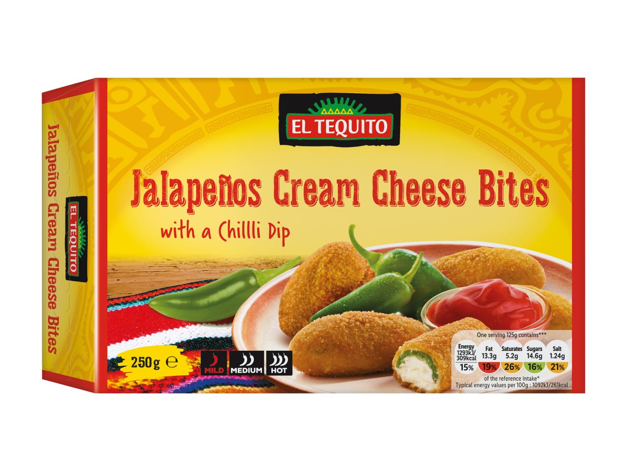 Jalapeños cream cheese bites with a chilli dip, 250g, with nutritional information.