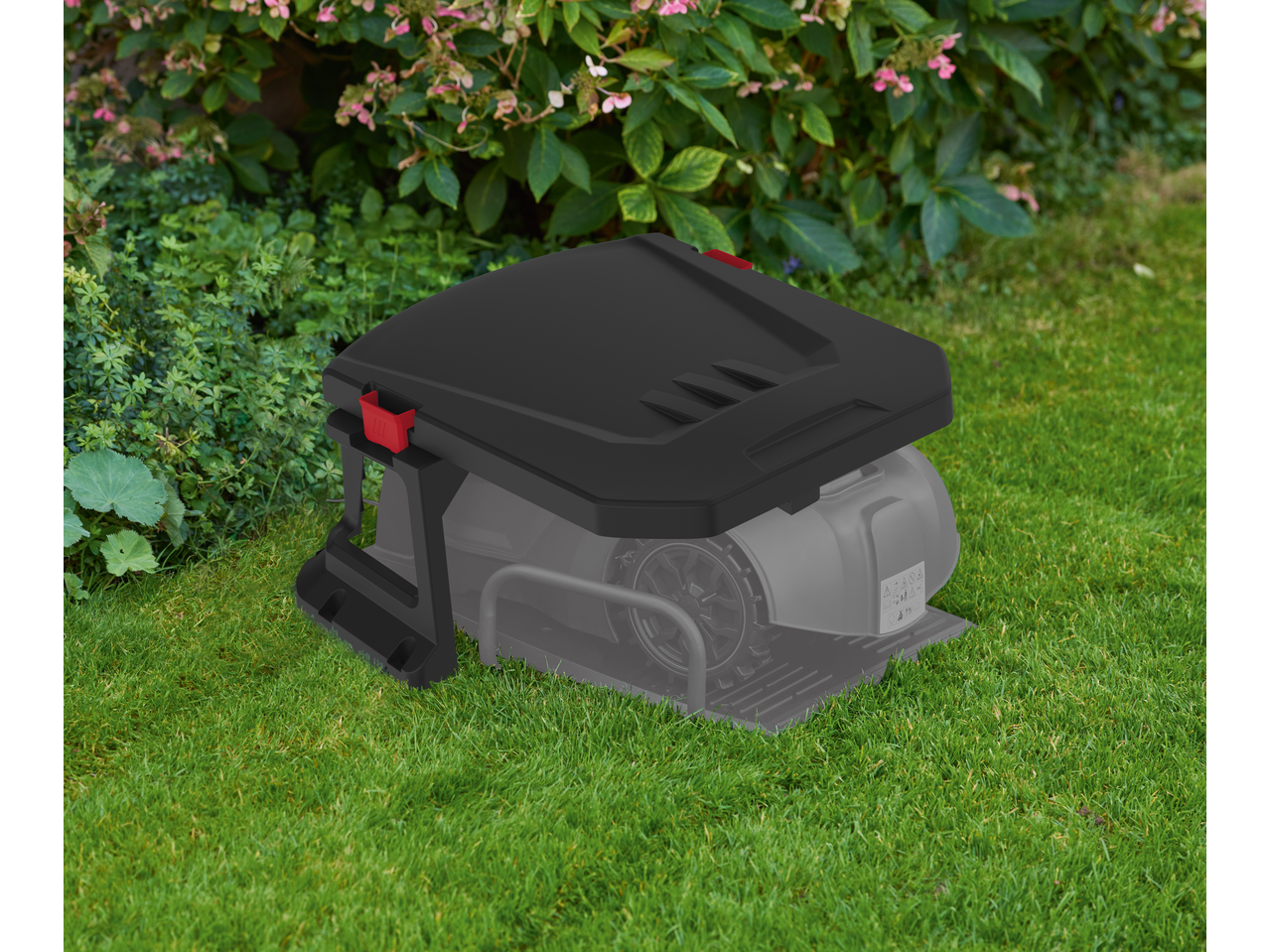 PARKSIDE robotic lawnmower garage, black, in a green garden.