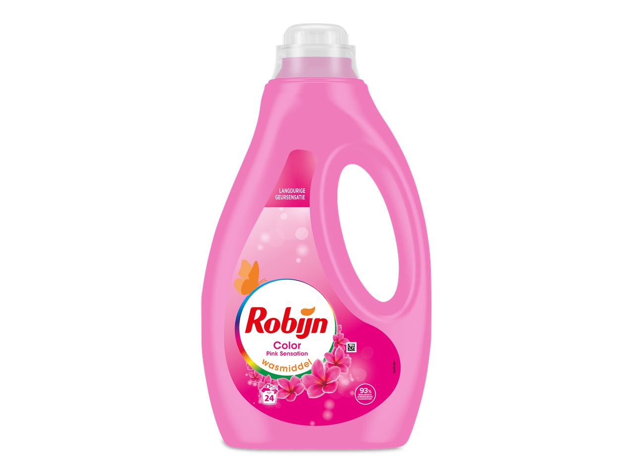 Roze wasmiddelfles met bloemen en een vlinder, met de tekst 'Langdurige geursensatie'.