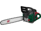 A green and black Parkside chainsaw with a silver blade.