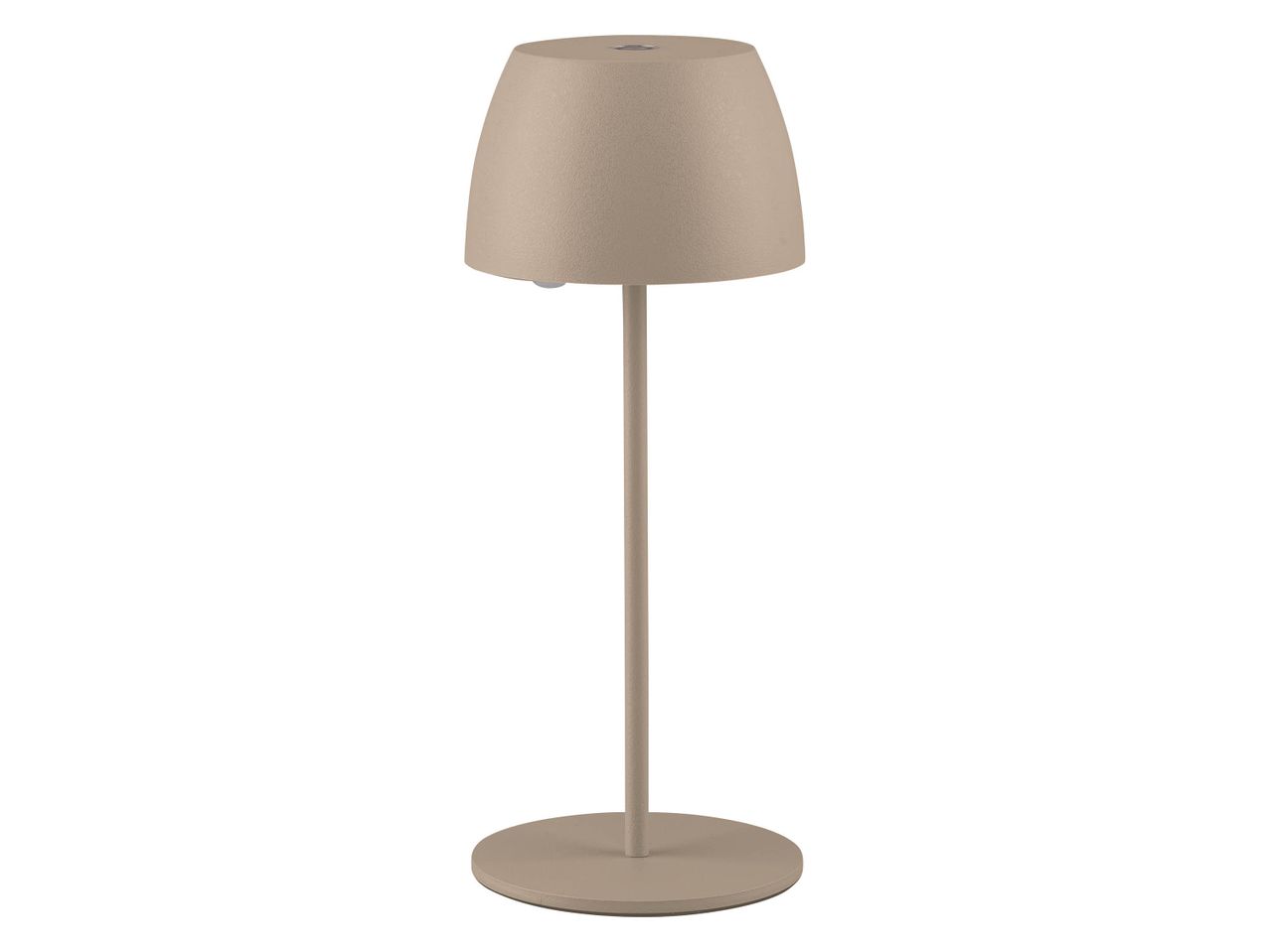 A modern, minimalist beige table lamp with a conical shade and round base.