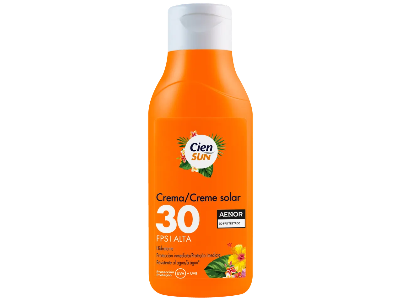 Cien SUN protetor solar FPS 30, proteção imediata, resistente à água.