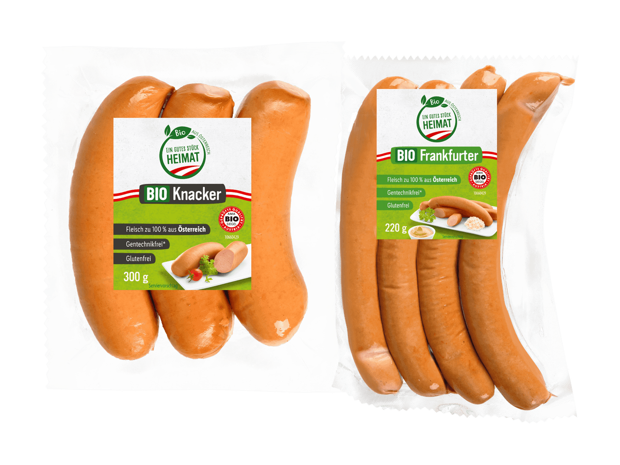 Zwei Packungen Bio-Würstchen (Knacker und Frankfurter) aus Österreich.