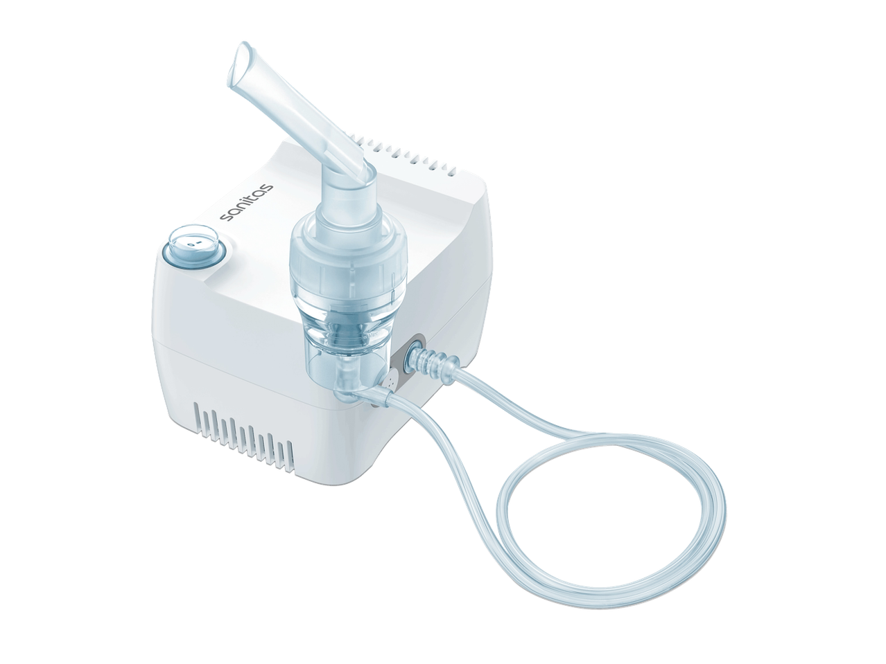 Sanitas kompresinis inhaliatorius: Balta priemonė su skaidria žarnele ir antgaliu.