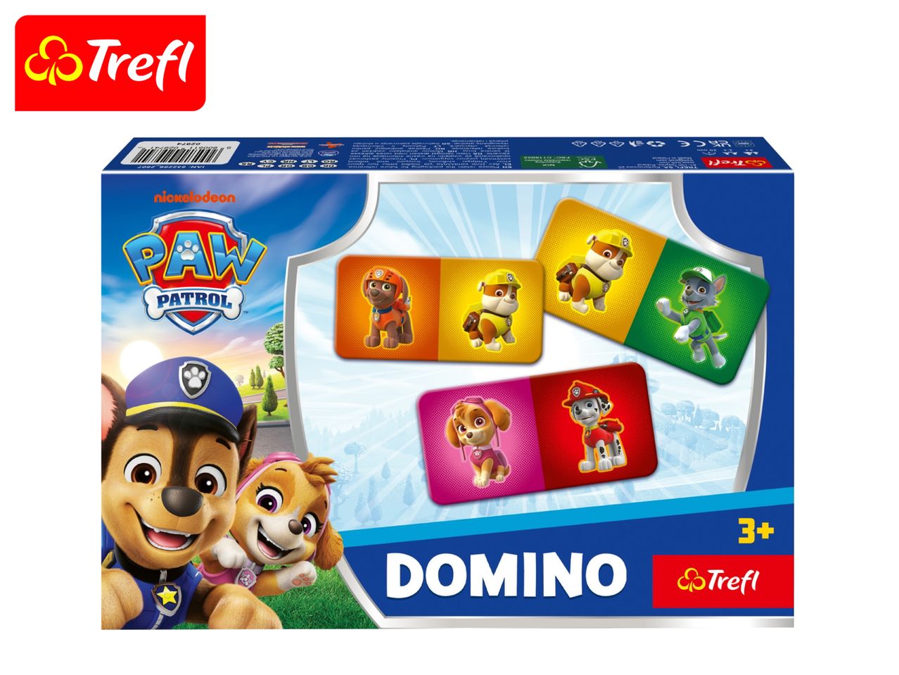 Paw Patrol domino game featuring characters like Chase, Skye, Rubble, and Marshall.