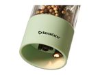 A SilverCrest electric spice grinder filled with peppercorns, with a light on the bottom.