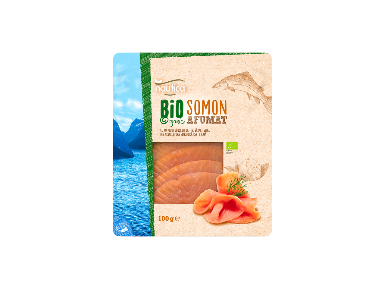 Nautica Somon afumat bio, ambalaj de 100g