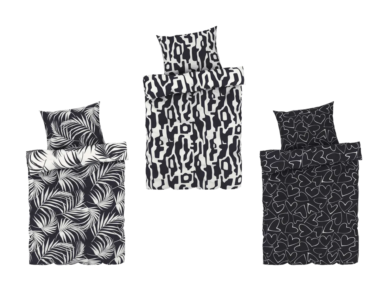 Trois parures de lit avec housse de couette et taie d'oreiller, motifs feuilles de palmier, abstrait et cœurs.