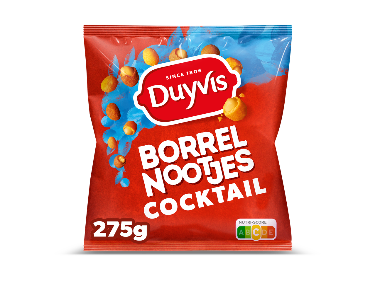 Een rode zak met borrelnootjes en de tekst 'Borrel Nootjes Cocktail', 275g, met Nutri-Score C.
