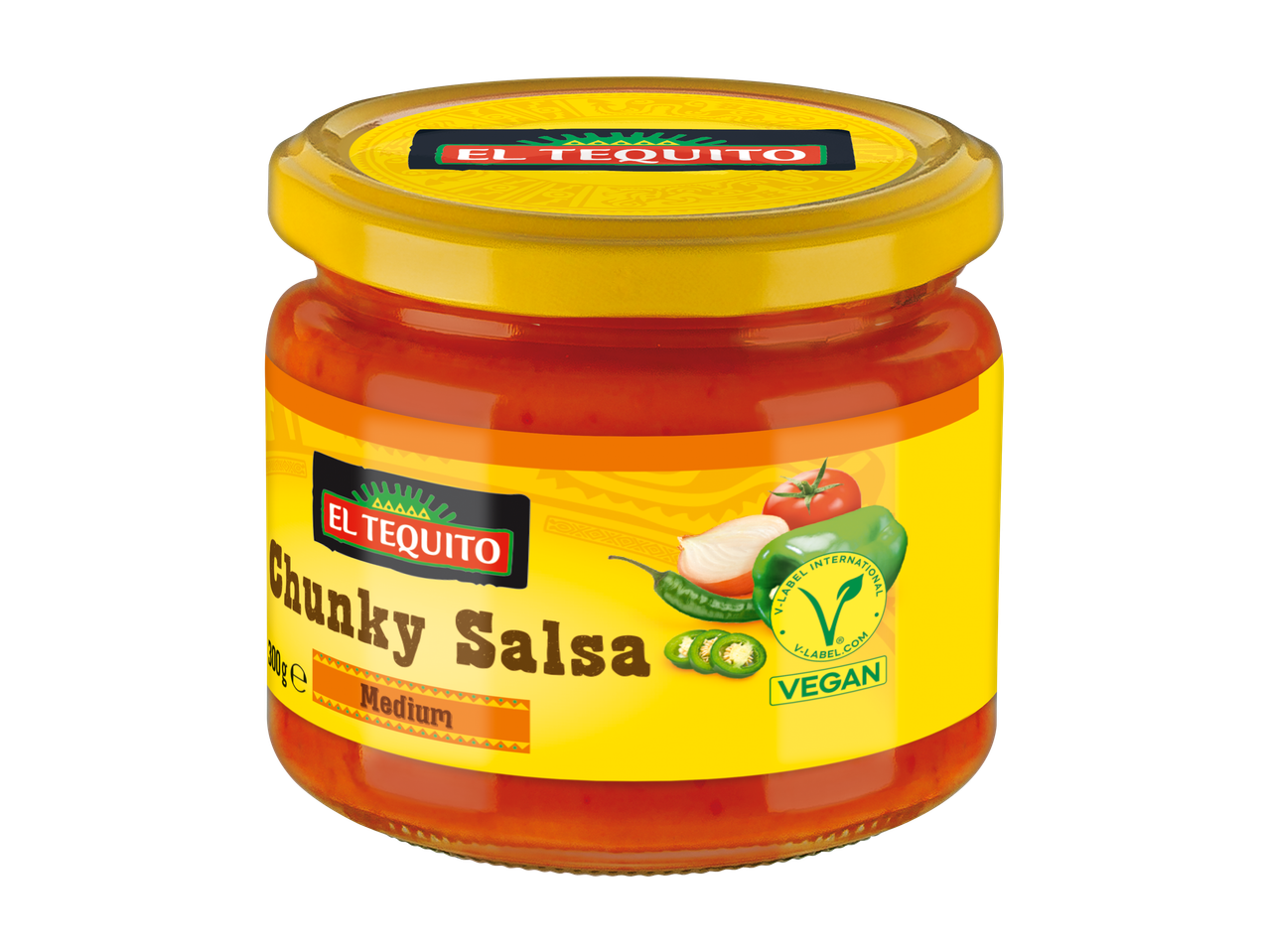 EL TEQUITO Chunky Salsa Medium, o salsa vegană într-un borcan de sticlă cu etichetă galbenă.