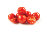 Tomates cereja suculentos, alguns fatiados.