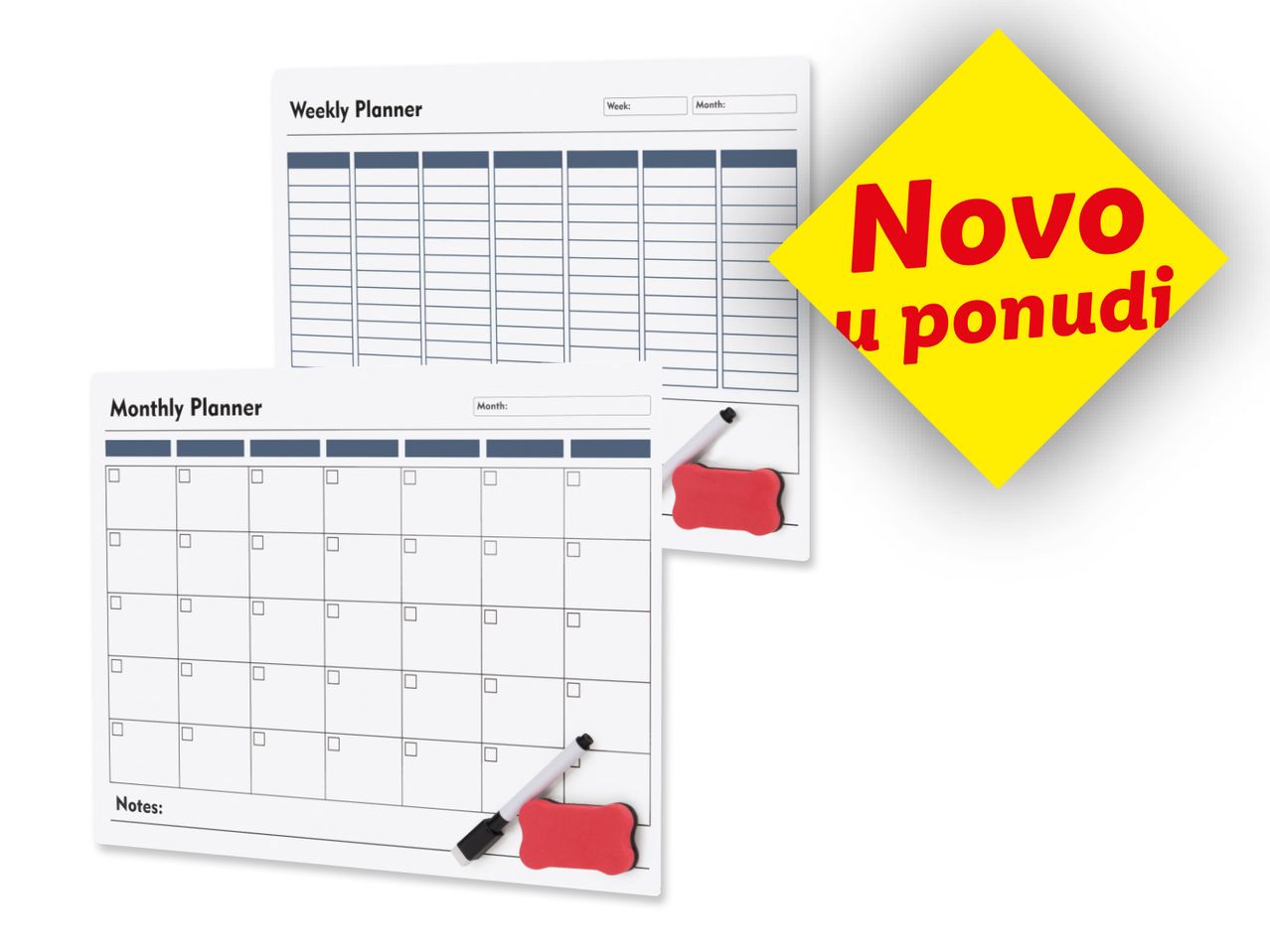 Tjedni i mjesečni planeri s natpisom 'Novo u ponudi'.