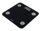 Black digital bathroom scale with a display and four silver circular sensors.