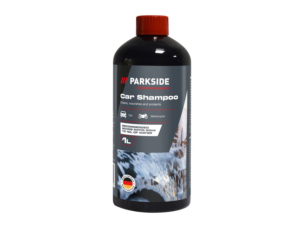 Black bottle of car shampoo with a red cap, labeled for cars and motorcycles, 1L volume.