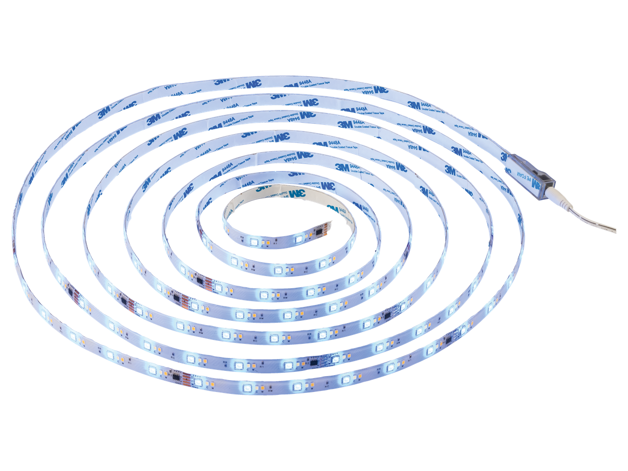 A coiled 5m LED strip light with 3M adhesive backing and a power connector.