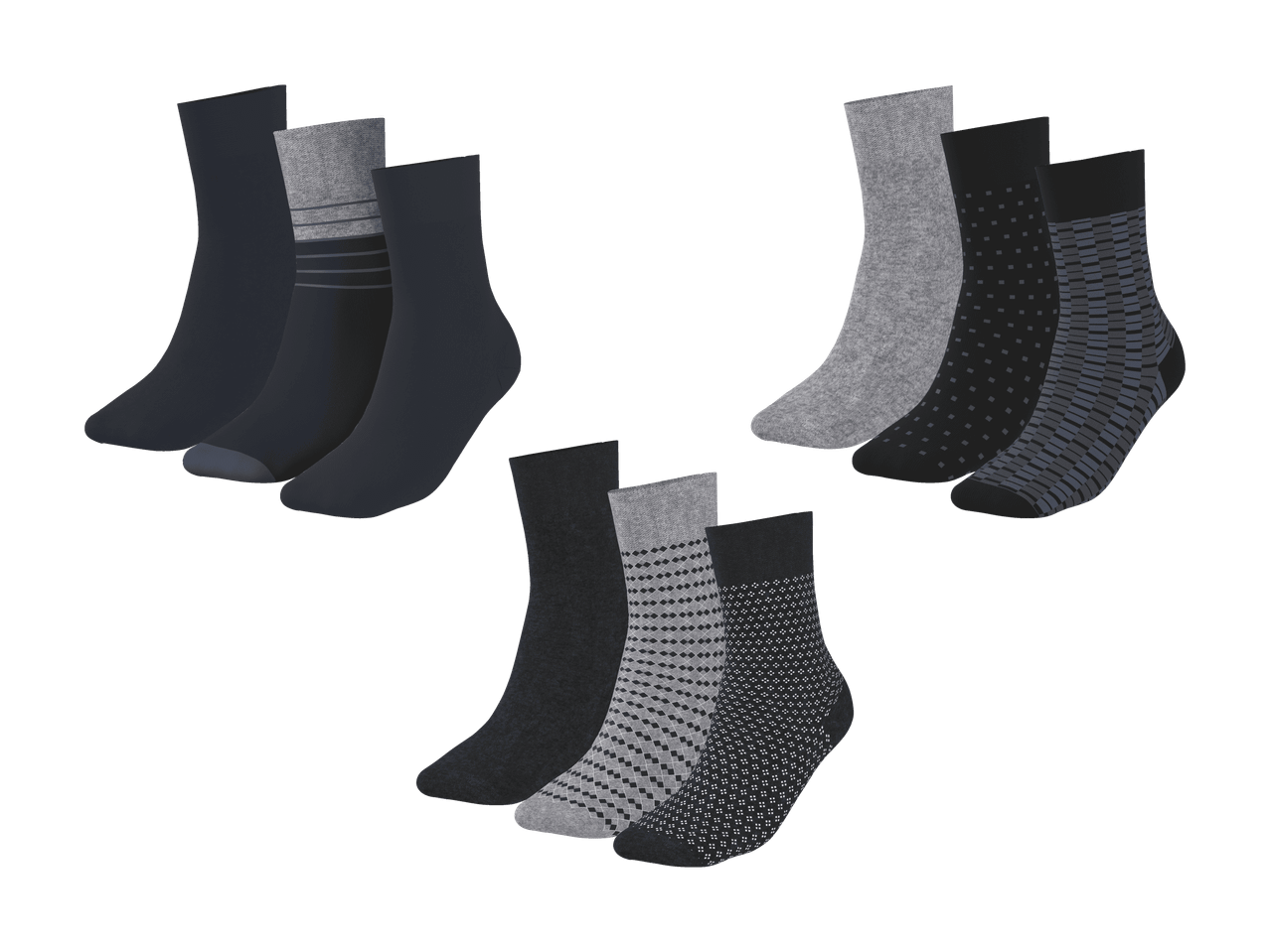 Herrensocken-Set in Grau und Schwarz, mit verschiedenen Mustern.