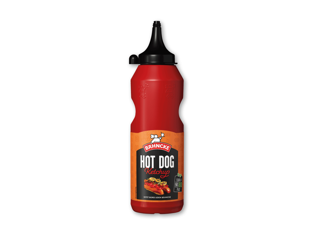 Rød flaske med hotdog ketchup, der viser en hotdog og teksten 'HOT DOG Ketchup'.