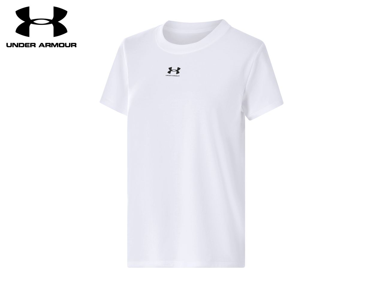White short-sleeved t-shirt with a small black logo on the chest