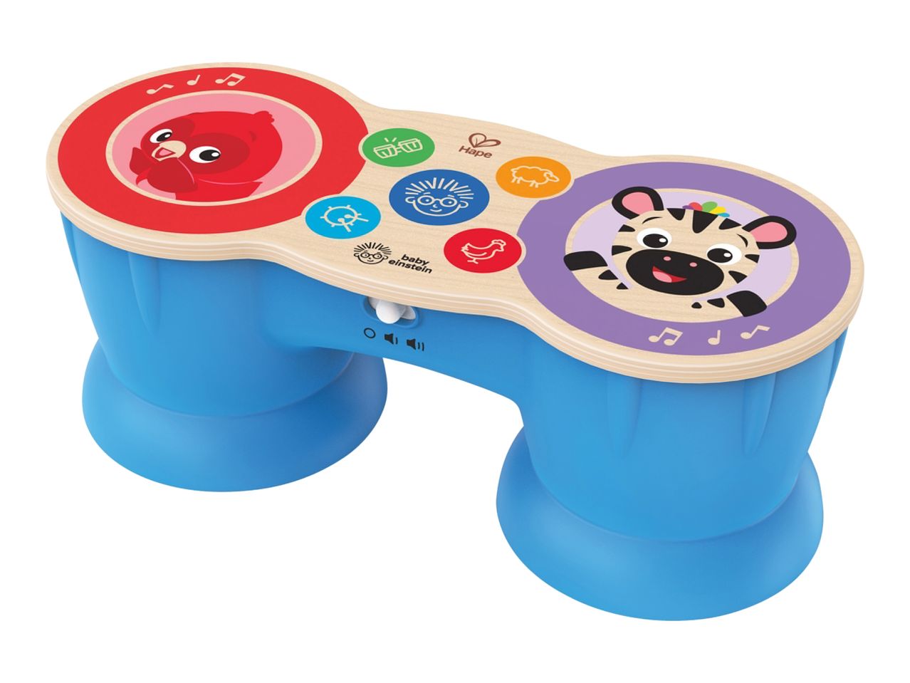 Blue and wooden baby drum toy with animal faces and musical notes