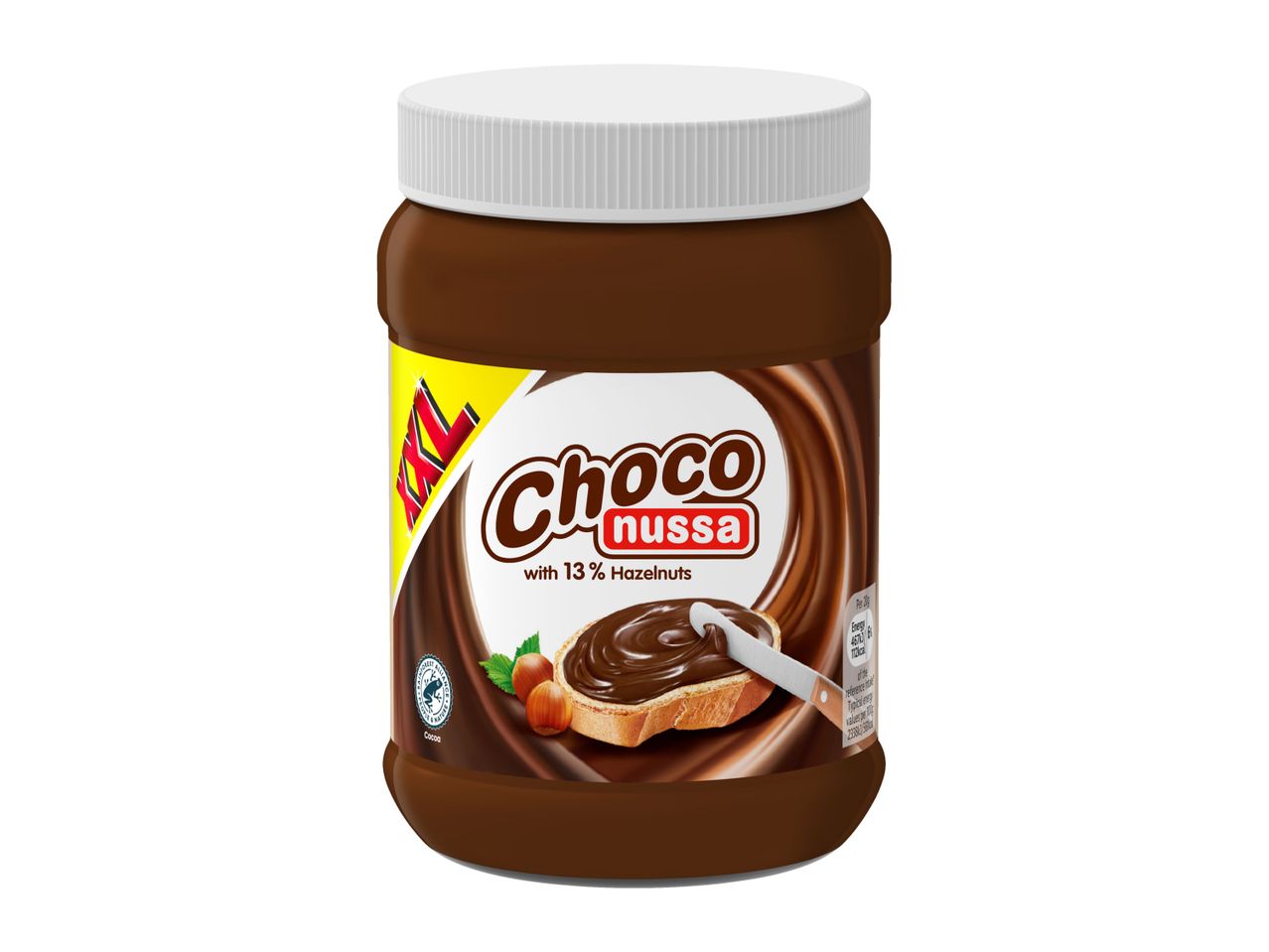 A jar of Choco Nuss chocolate hazelnut spread with a spoon and bread.